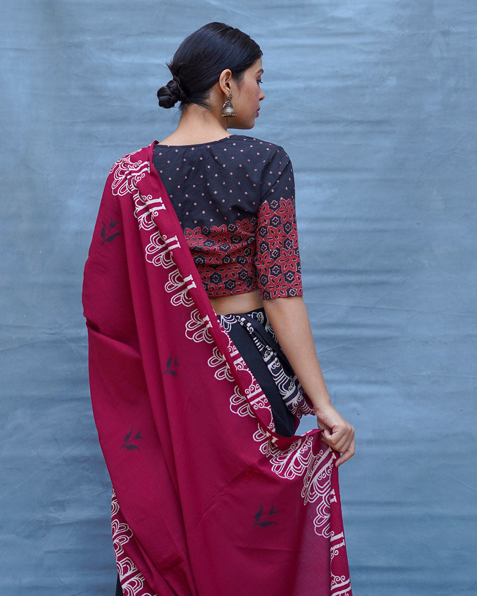 Damini Maroon With Black Handblock Printed Cotton Saree - Soil