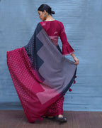 Nandini Maroon With Black Handblock Printed Cotton Saree - Soil