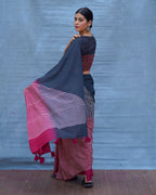 Bimala Black With Maroon Handblock Printed Cotton Saree - Soil