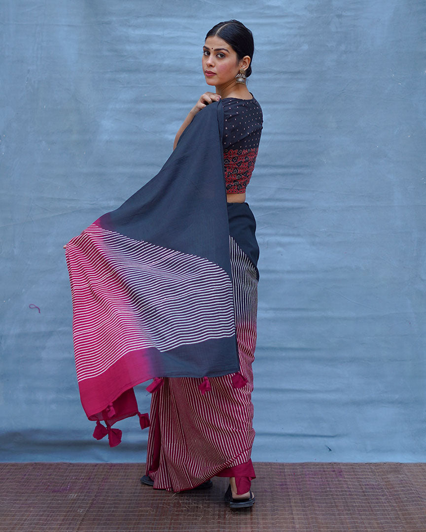 Bimala Black With Maroon Handblock Printed Cotton Saree - Soil