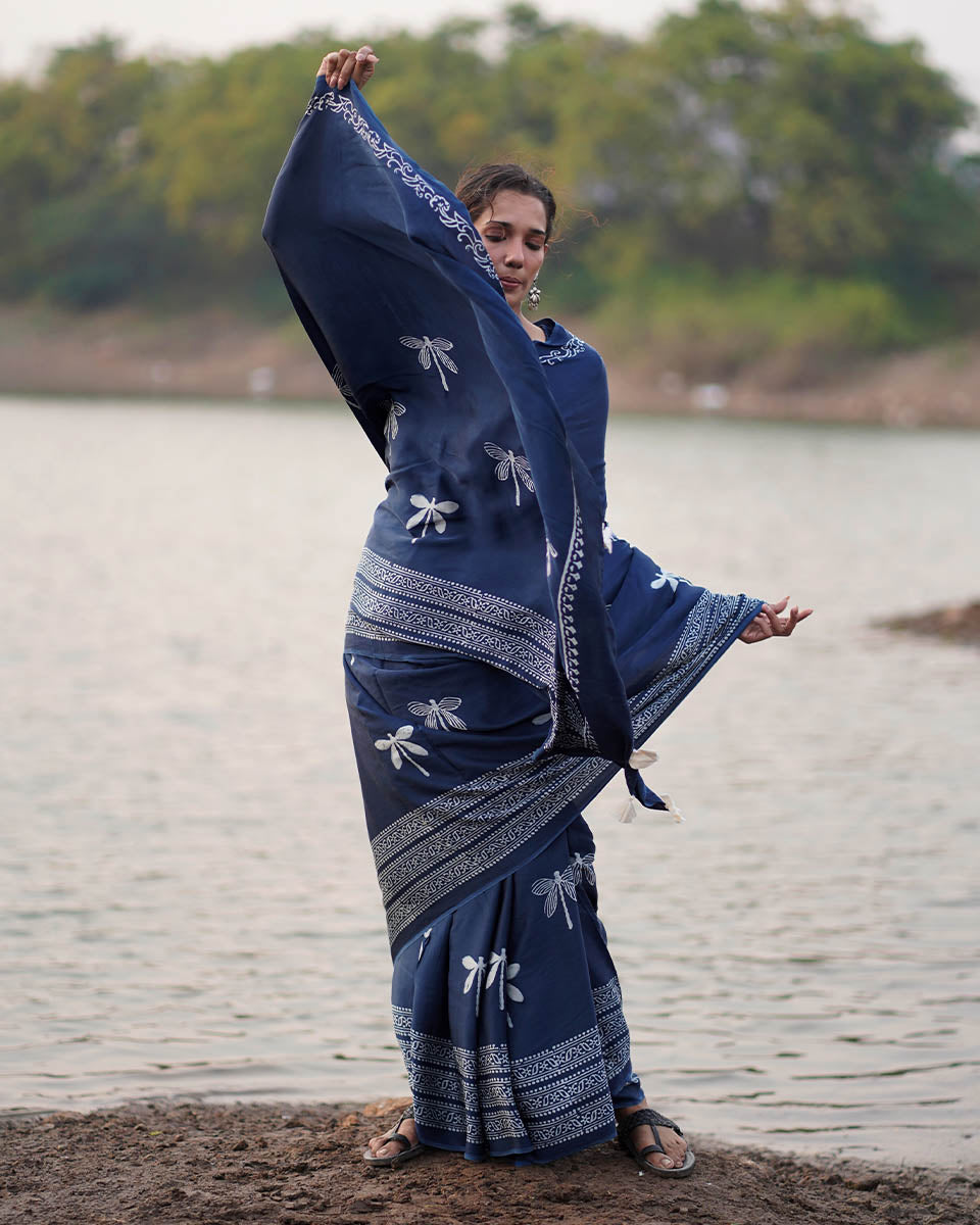 Urmi Blue Block printed Modal Silk Saree - Jaisal