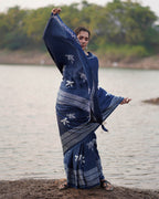 Urmi Blue Block printed Modal Silk Saree - Jaisal