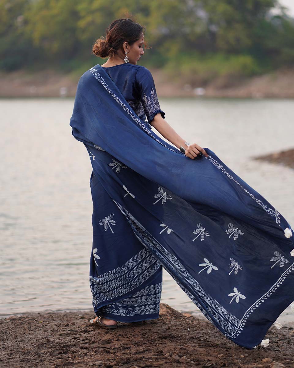 Urmi Blue Block printed Modal Silk Saree - Jaisal
