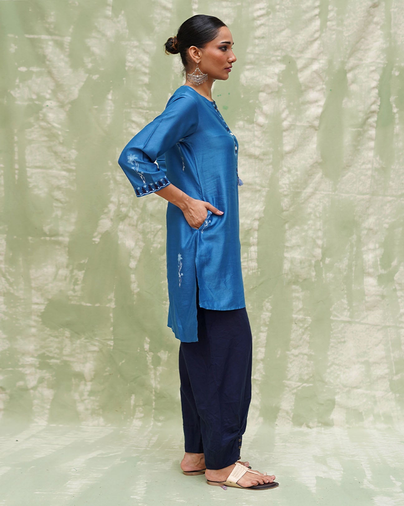 Aasmani Khwab Blue Handblock Printed Chanderi Silk Kurti - CHD