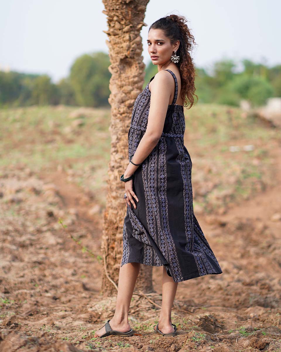 Soft Moonlight Blockprinted Cotton Dress-WWB