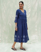 Aslekhi Blue Handblock Print Cotton Dress - INDI