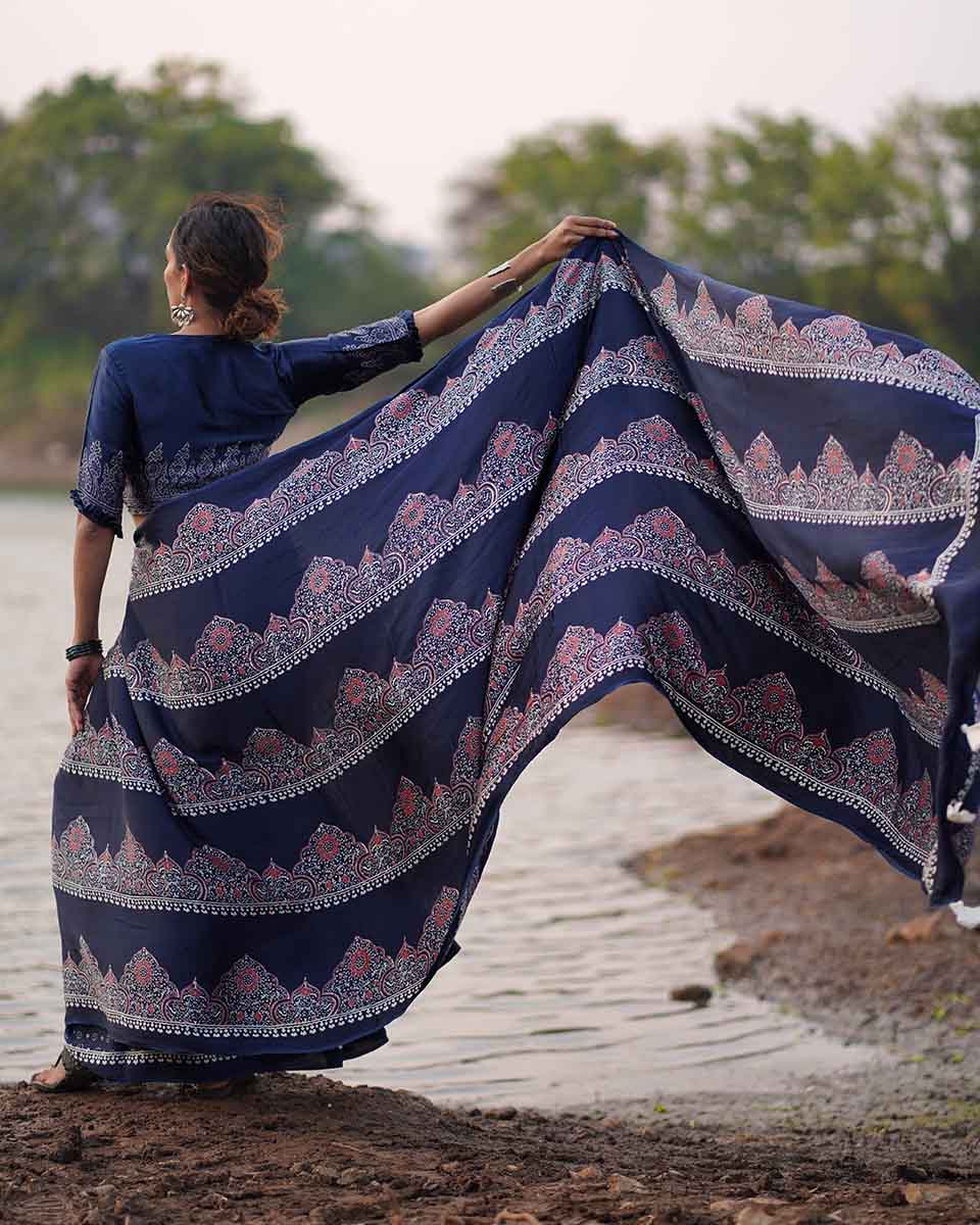 Elishat Black Block printed Modal Silk Saree - Jaisal