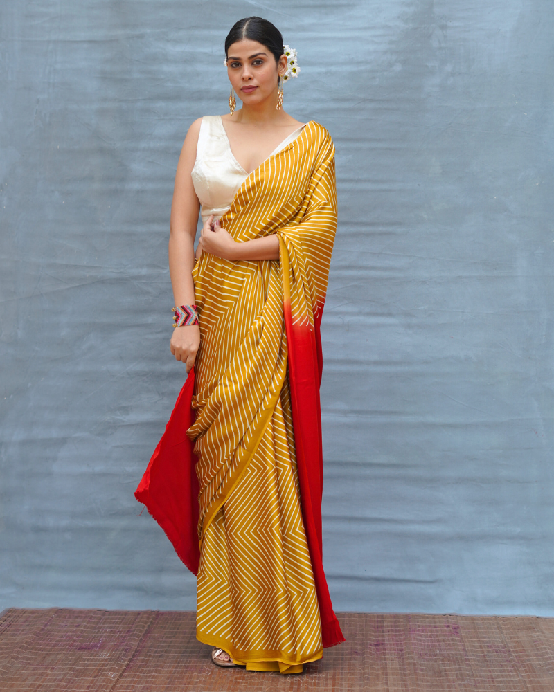 Calm Glide Yellow Handblock Print Modal Silk Saree - Flow