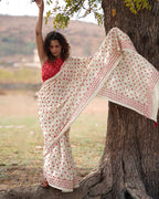 Dil Awara Ivory Hand block Printed Cotton Saree