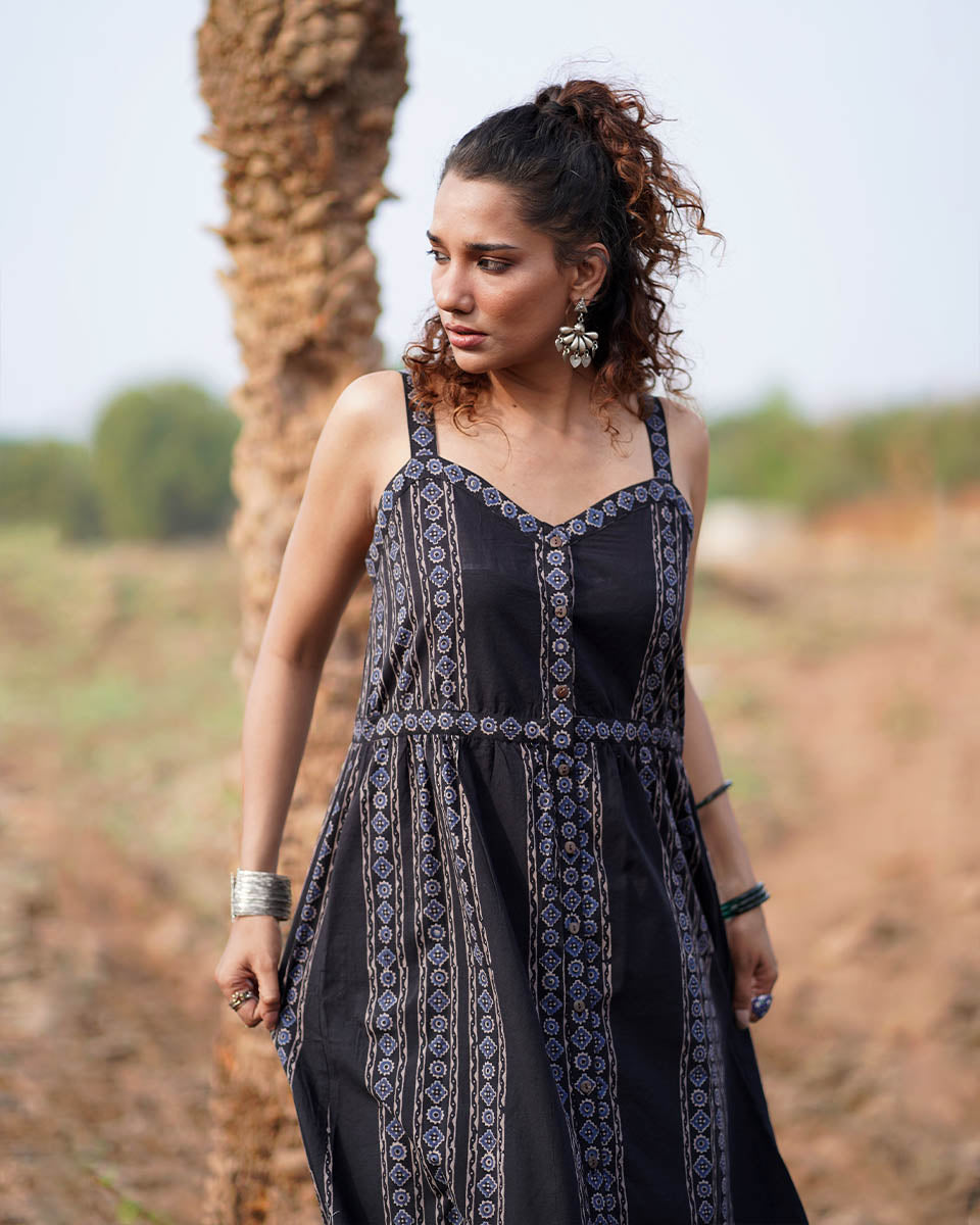 Soft Moonlight Blockprinted Cotton Dress-WWB