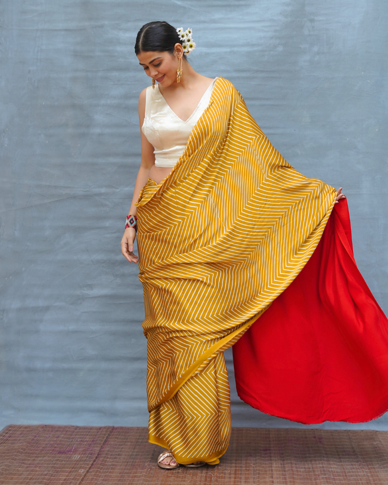 Calm Glide Yellow Handblock Print Modal Silk Saree - Flow