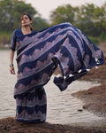 Elishat Black Block printed Modal Silk Saree - Jaisal