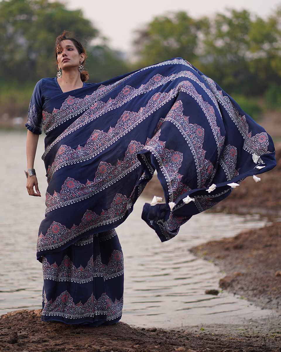 Elishat Black Block printed Modal Silk Saree - Jaisal