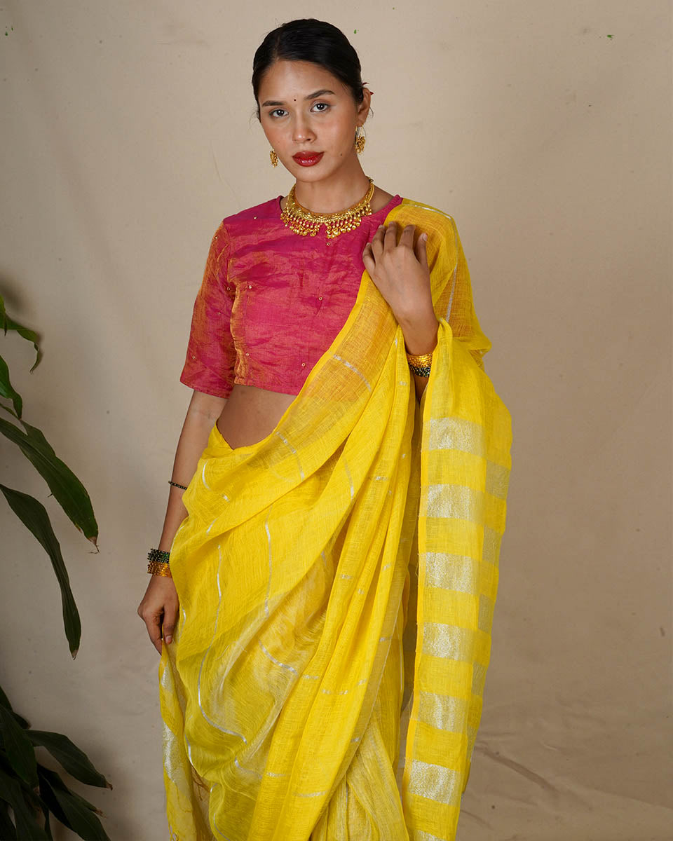 Arunima Yellow Handwoven Linen Zari Saree - Eknoor
