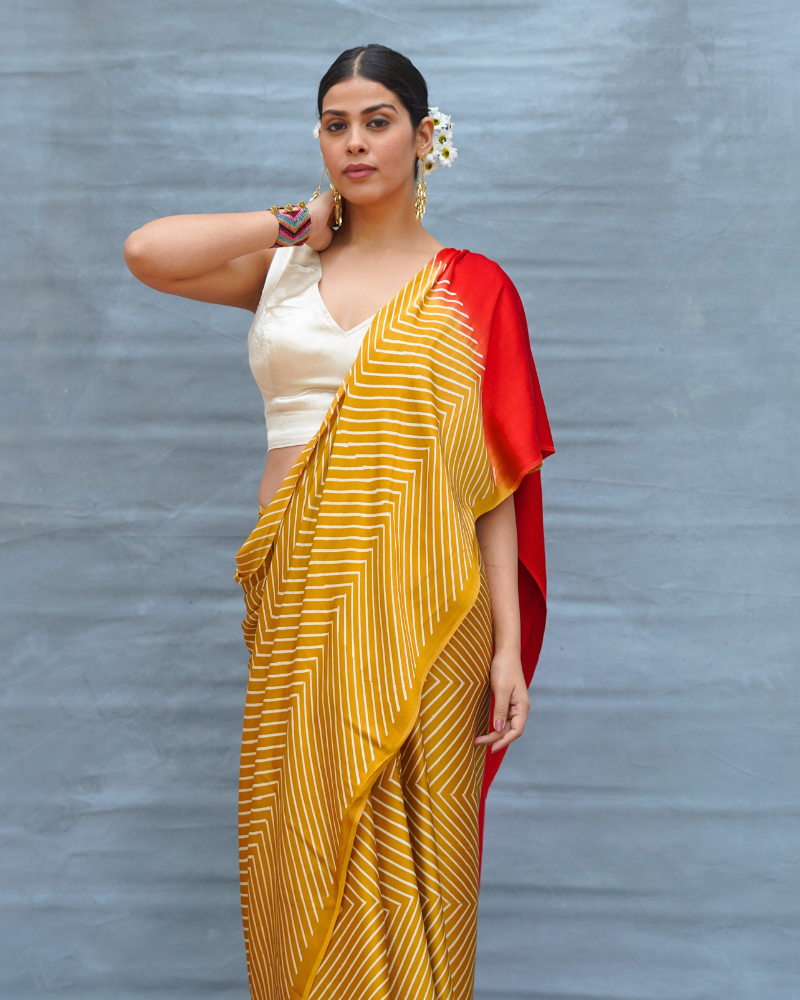 Calm Glide Yellow Handblock Print Modal Silk Saree - Flow