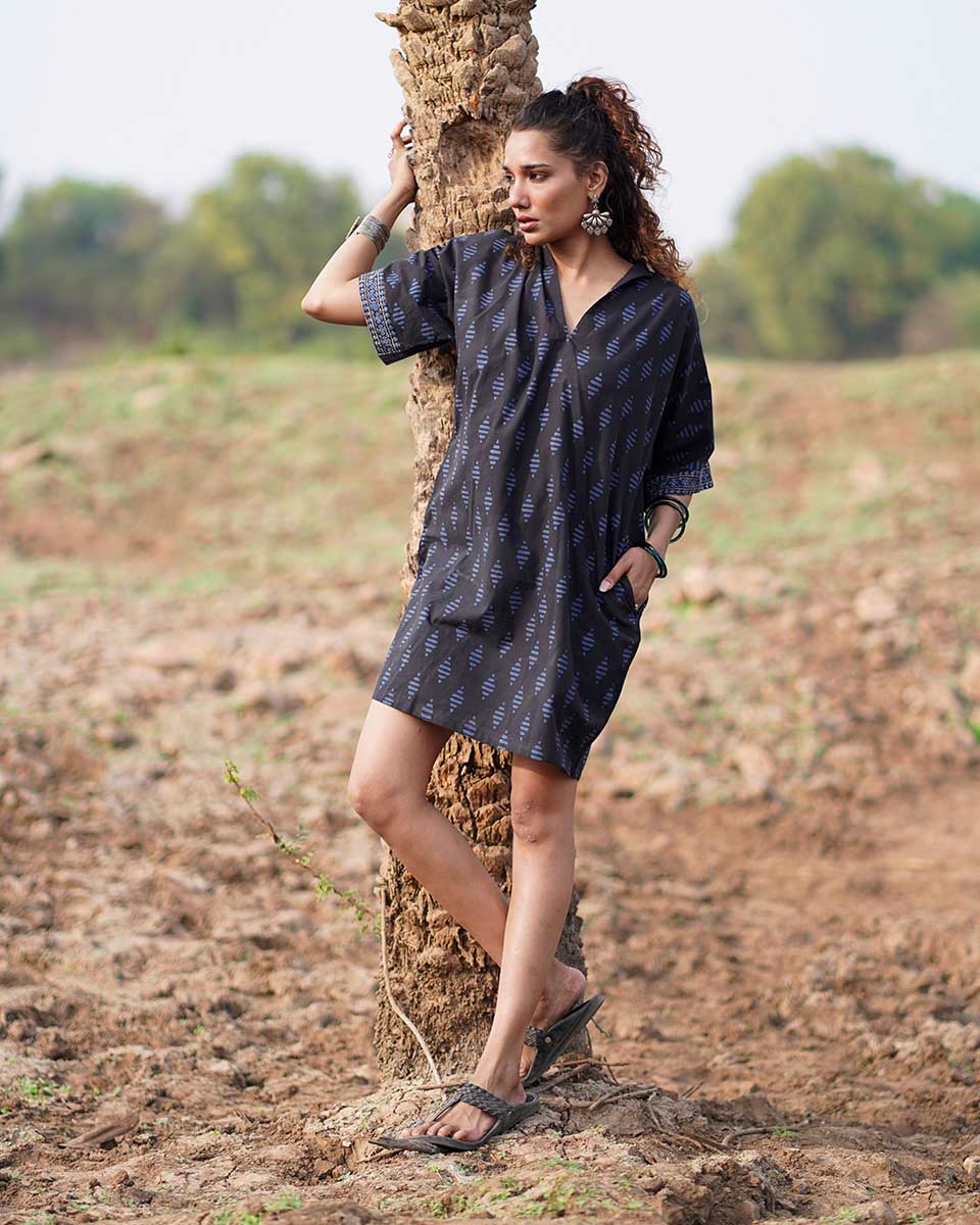 Swaying Silence Blockprinted Cotton Dress-WWB