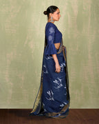 Purva Blue Handblock Print Linen Saree - INDI
