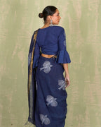 Rasiya Blue Handblock Print Linen Saree - INDI