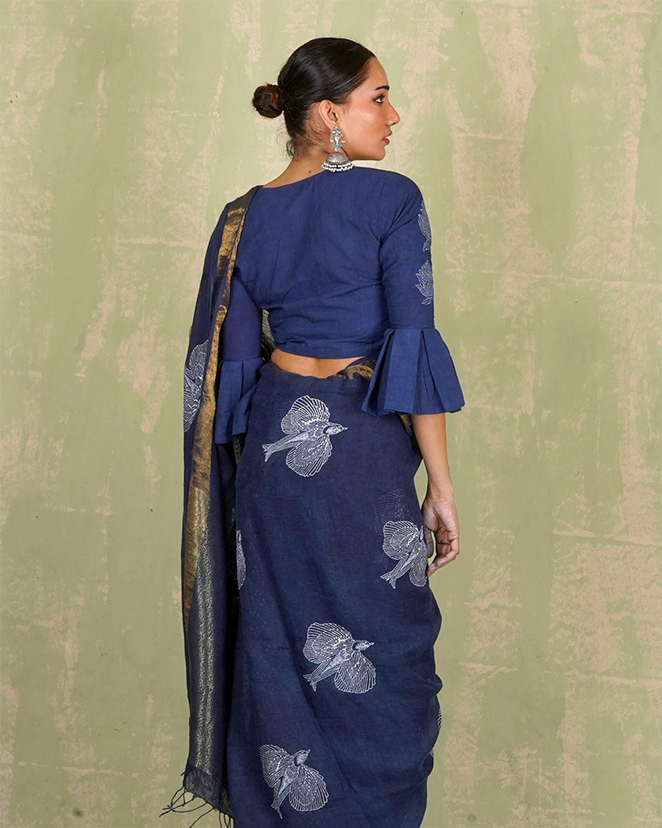 Rasiya Blue Handblock Print Linen Saree - INDI