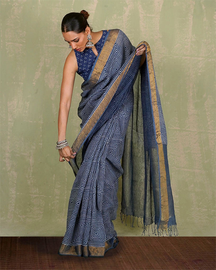Sarang Blue Handblock Print Linen Saree - INDI