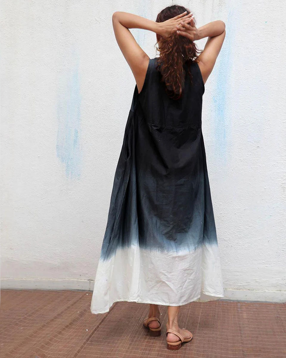 Blackberry Matcha Handblock Printed Cotton Dress - Mono