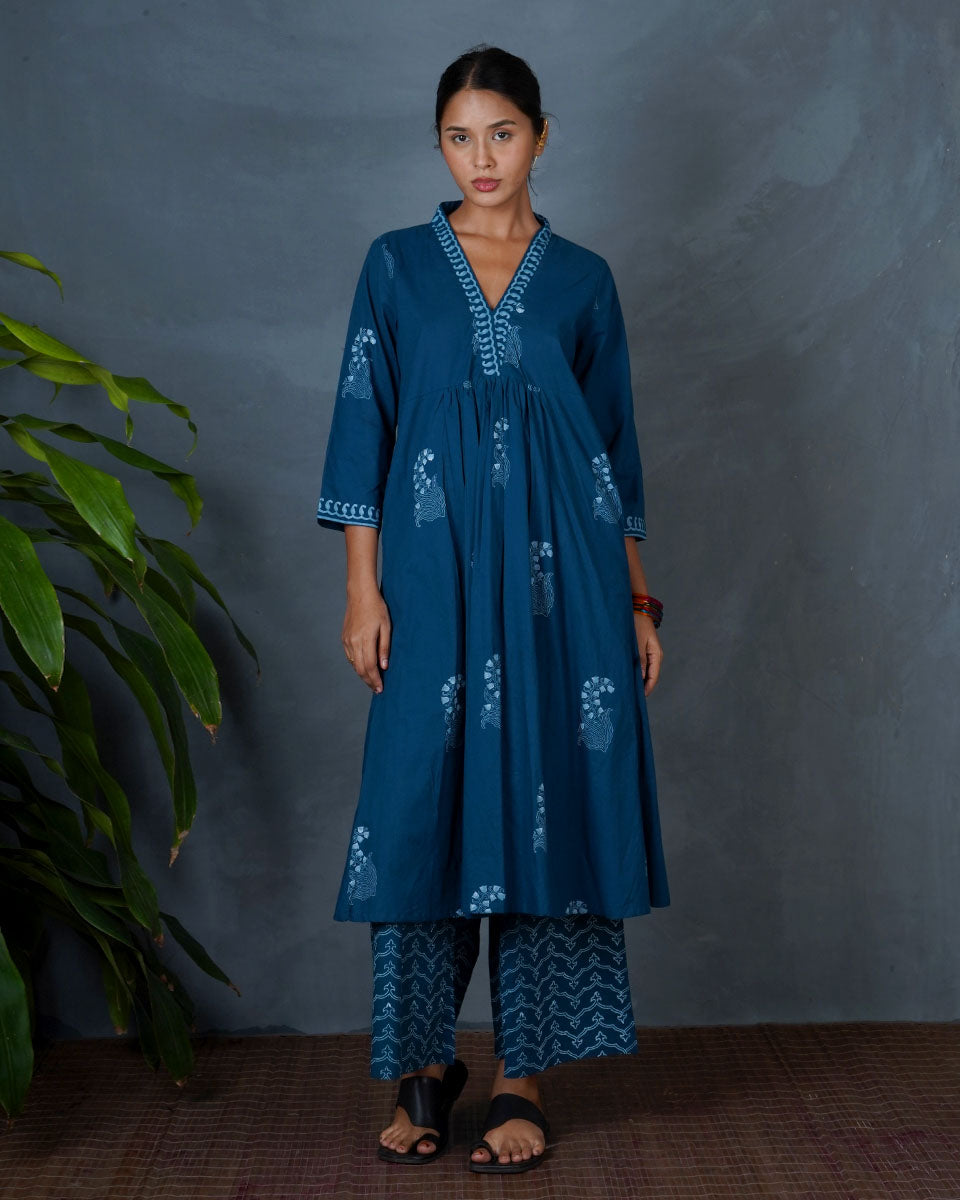 Abhrini Teal Green Hand Block Printed Kurta -MYA