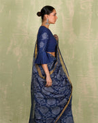 Rahi Blue Handblock Print Linen Saree - INDI