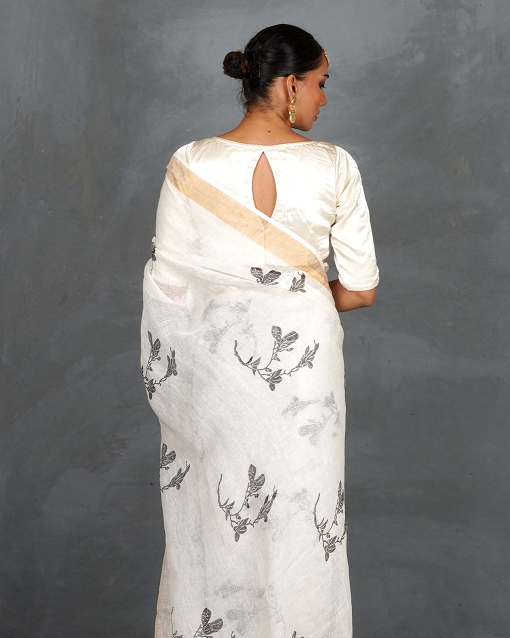 Aabroo White Handblock Linen Saree - TARA