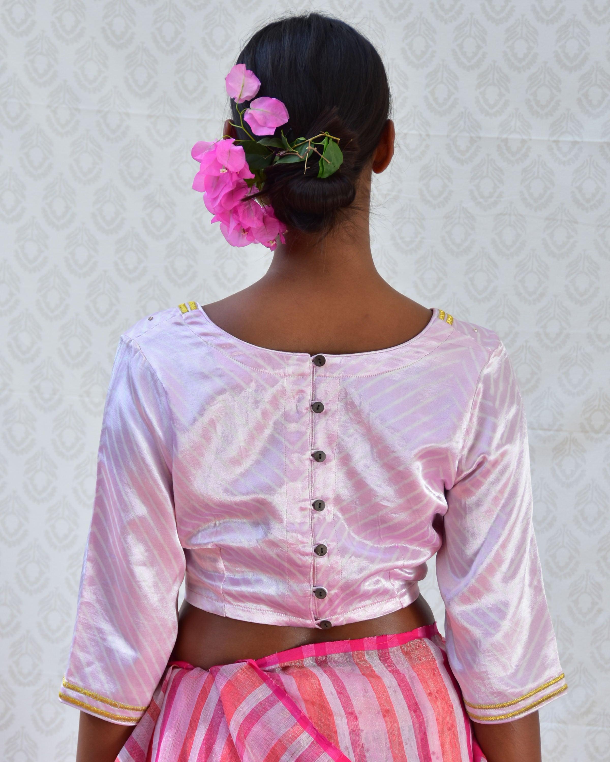 Lavender Sip Handblockprinted Mashru Silk Blouse - Bgvl