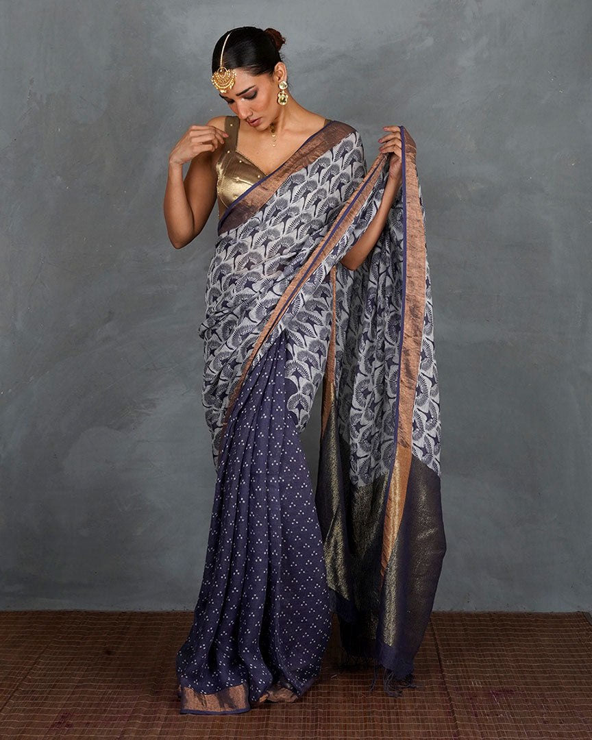 Prabha Blue With White Handblock Linen Saree - TARA