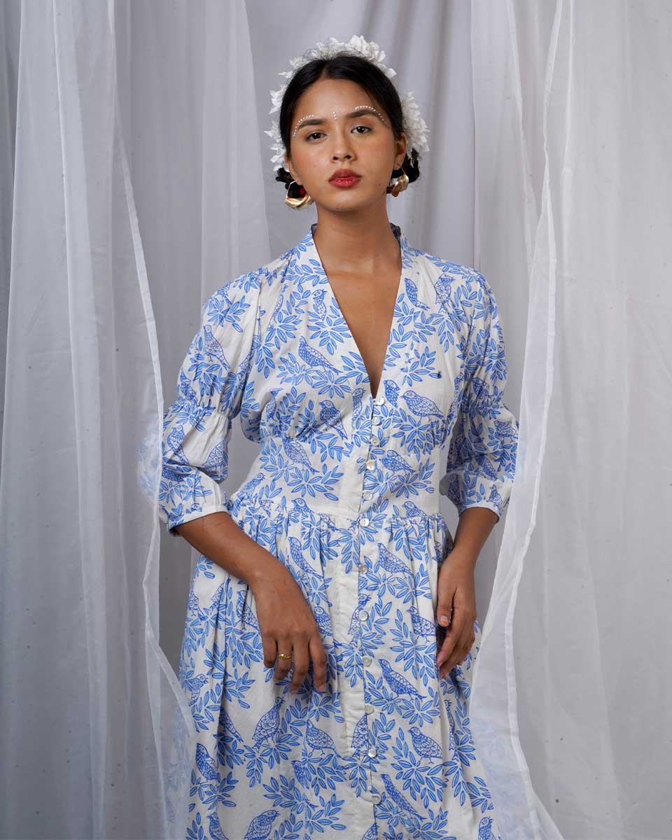 Neyra Ivory Blue Hand Block Printed Dress-BAD