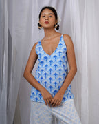 Varsha Ivory Blue Hand Block Printed Top-BAD