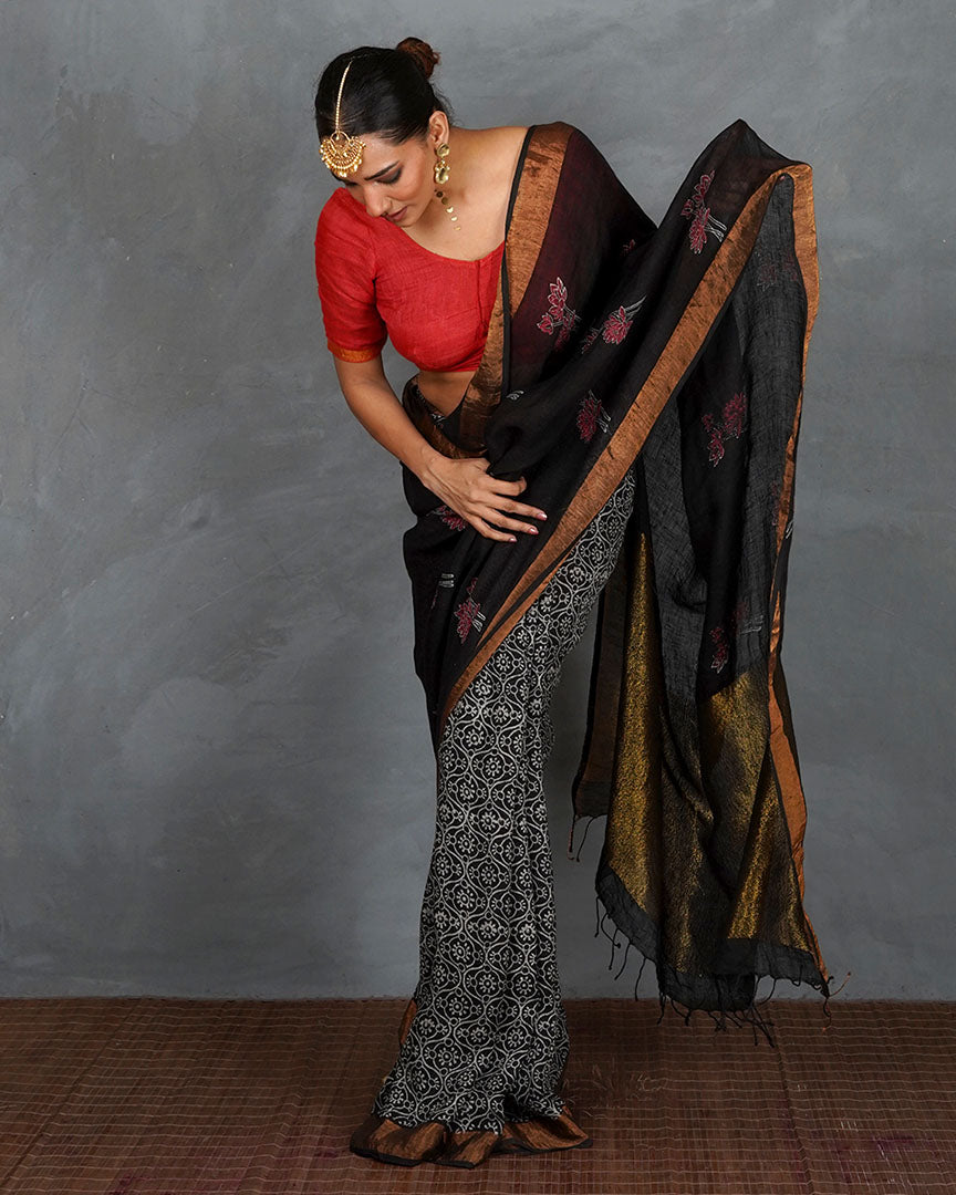Tejasvi Black Handblock Linen Saree - TARA