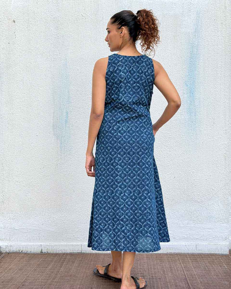 Butterfly Pea Blockprinted Cotton Dress