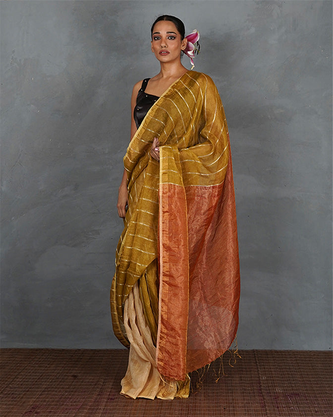 Catch Stars Mustard Gold Handwoven Linen Saree - TARA