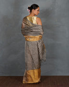 Burn Soft Silver With Black Strip Handwoven Linen Saree - TARA