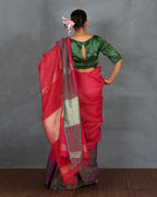 Glow Forward Red With Green Handwoven Linen Saree - TARA