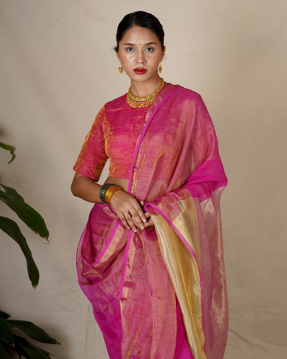 Ujjwala Pink Handwoven Linen Zari Saree - Eknoor
