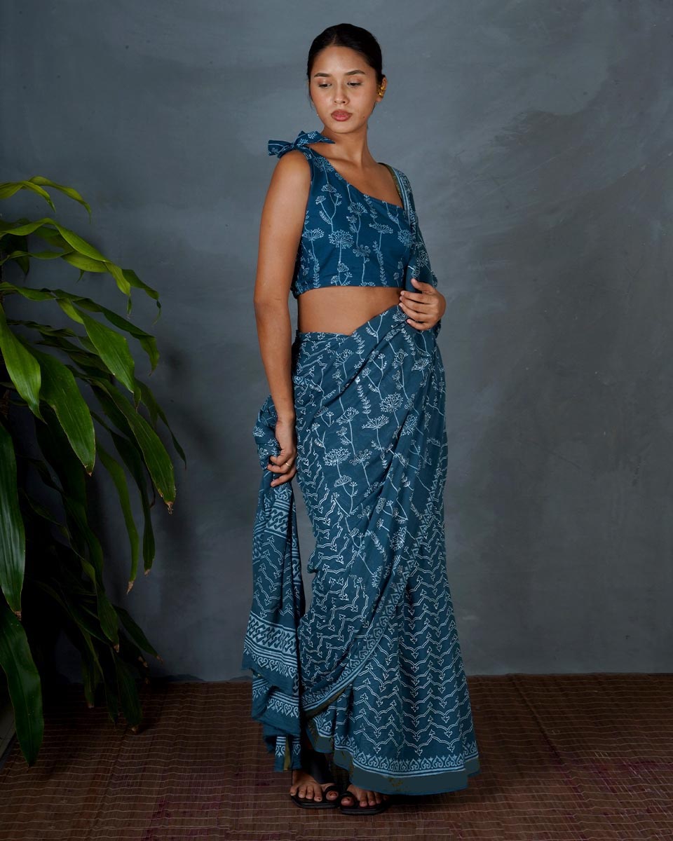 Sia Teal Green Hand Block Printed Saree-MYA