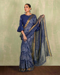 Rahi Blue Handblock Print Linen Saree - INDI