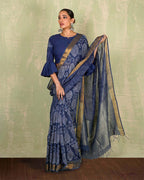 Rahi Blue Handblock Print Linen Saree - INDI