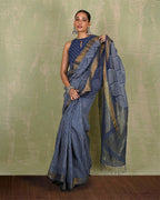 Malhari Blue Handblock Print Linen Saree - INDI