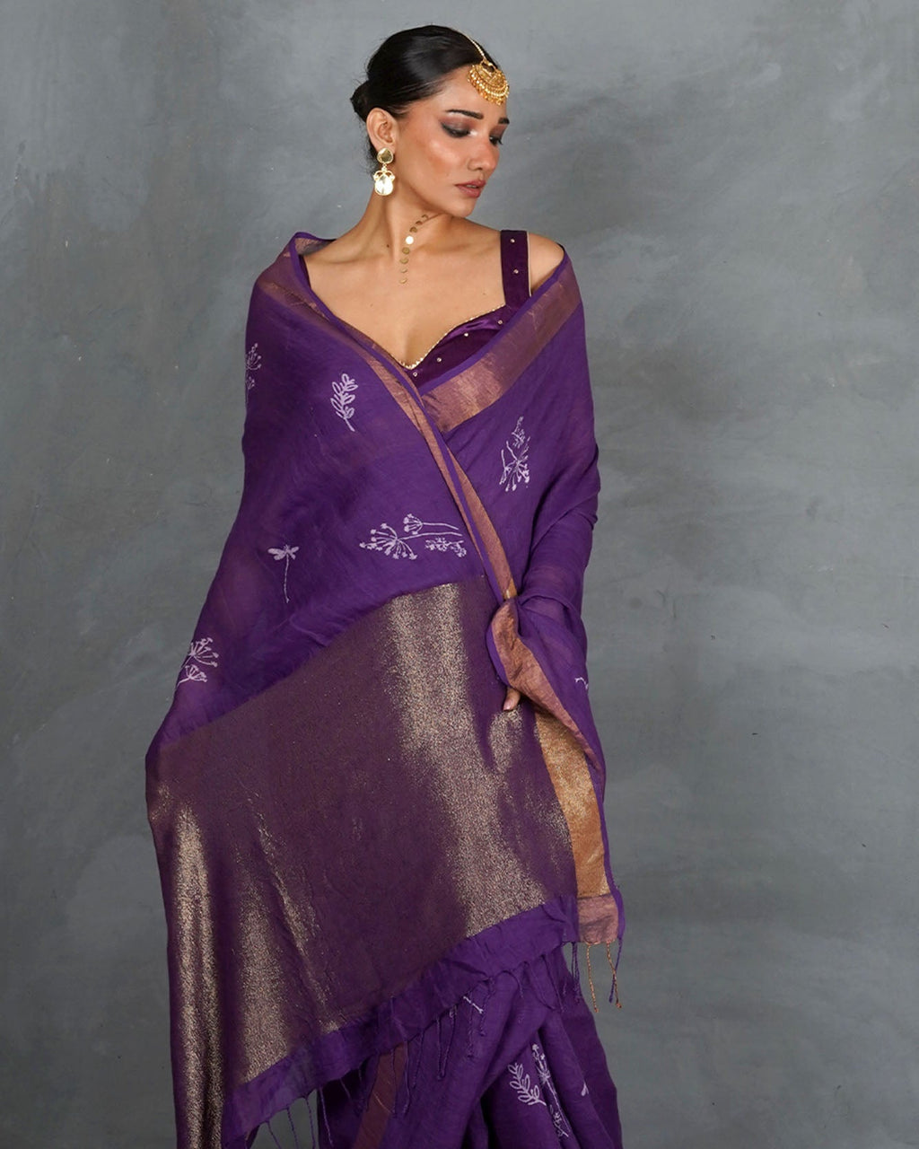 Noori Royal Purple Handblock Linen Saree - TARA