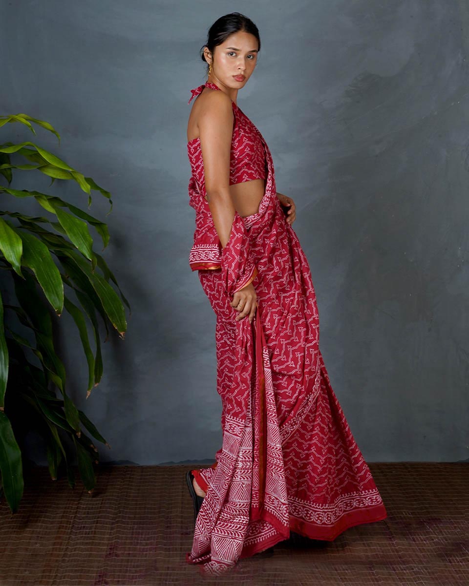 Roopika Red Hand Block Printed Saree-MYA