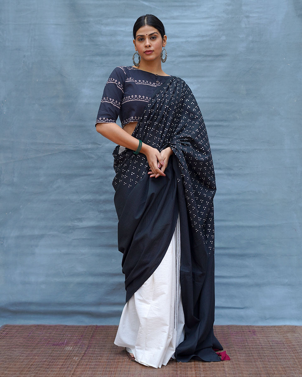 Monochrome Magic Black & White Handblock Print Cotton Saree - MIS