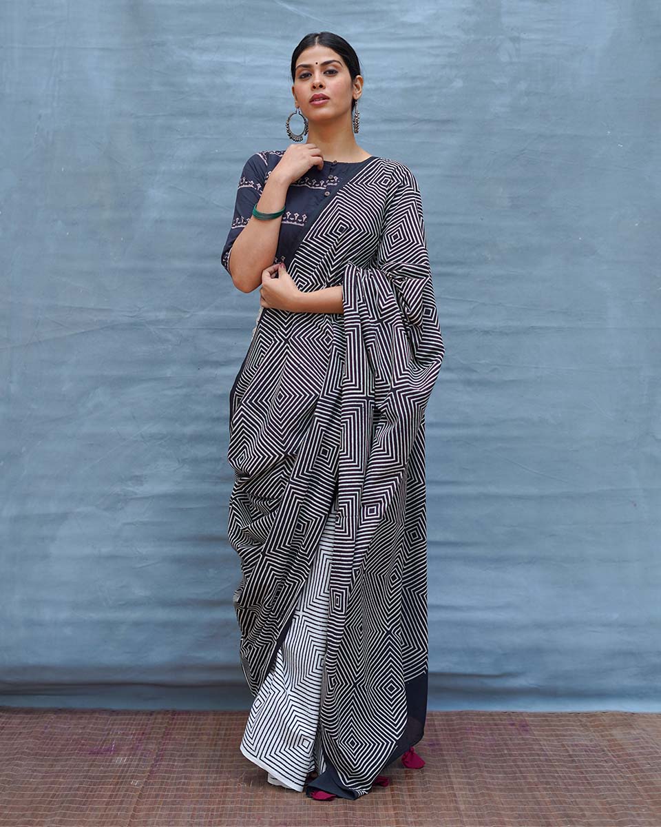 Vintage Muse Black & White Handblock Print Cotton Saree - MIS