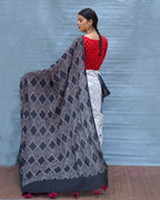 Black & White Tale Handblock Print Cotton Saree - MIS