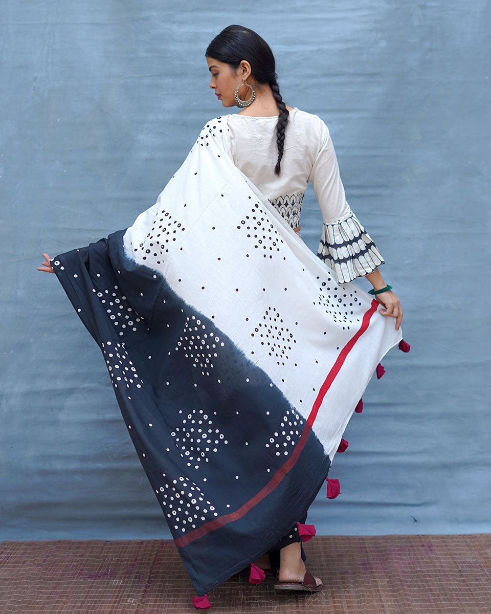 Colourblind Black & White Handblock Print Cotton Saree - MIS