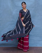 Mrinal Black With Maroon Handblock Printed Cotton Saree - Soil