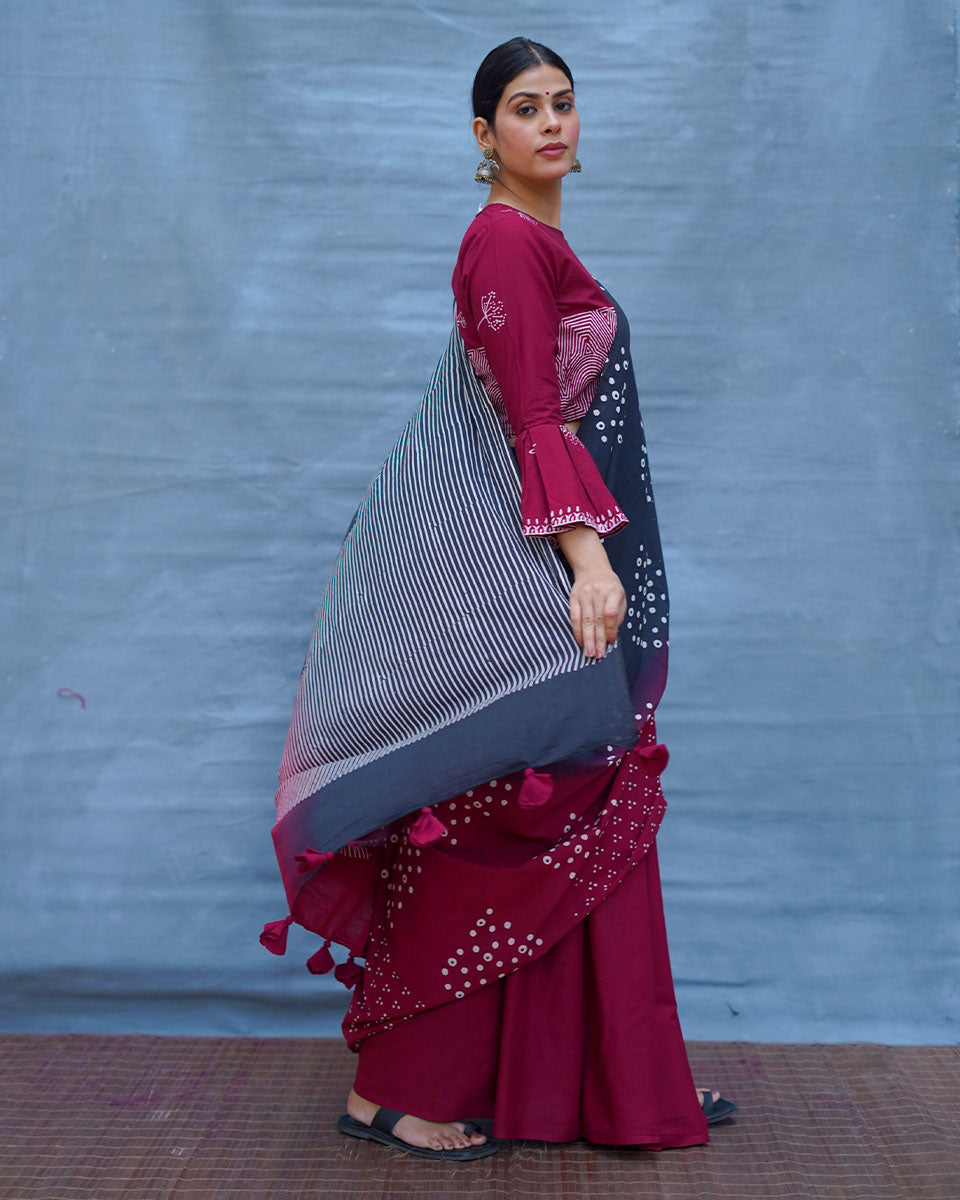 Nandini Maroon With Black Handblock Printed Cotton Saree - Soil